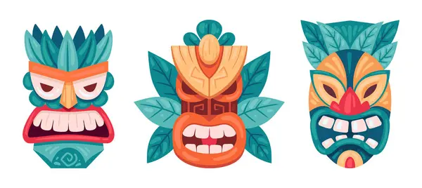仪式性的图腾面具 卡通木制的Tiki面罩 少数民族部落仪式面罩 非洲或夏威夷偶像平面矢量图集 Tiki图腾面具系列 — 图库矢量图片