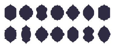 Doğulu İslami çerçeveler. Kemer pencereler ve kapılar, cami kemeri şekilleri veya fener siluetleri düz vektör illüstrasyon seti. Arap tarzı çerçeveler