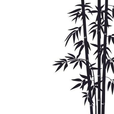 Bambu siluetleri arka planda. Çin ya da Japon bitki deseni, siyah mürekkep dekoratif bambu düz vektör arkaplan çizimi. Bambu filizi silueti
