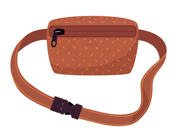 Cartoon zipped pouch bag. Vintage waist bag, old school nylon belt bag with zipper pocket flat vector illustration. Brown waist bag