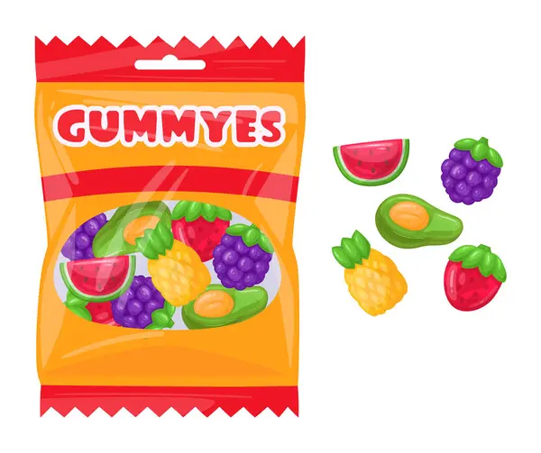 Gummies Package Cartoon Fruit Flavored Jelly Marmalade Packaging Tasty Sweets — Stock Vector