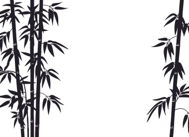Bambu siluetleri arka planda. Bambu filizi deseni, Çin ya da Japon florası. Siyah mürekkep dekoratif bambu siluetleri beyaz arkaplanda düz vektör çizimi