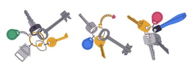 Kapı anahtarları takılıyor. Daire ya da anahtarlık, anahtarlık ve plastik etiketli ev anahtarları. Kapı anahtarı düz vektör illüstrasyon setiyle dolu. Gayrimenkul giriş anahtarları