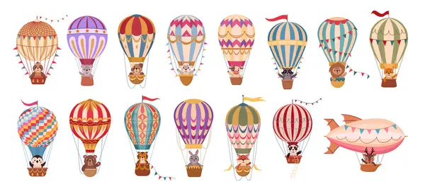 Zwierzęta Kreskówek Latające Balonach Retro Latające Sterowce Balon Gorące Powietrze — Wektor stockowy