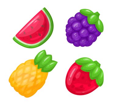 Meyveli sakızlar. Çizgi film jöle şekerlemeleri, karpuz, ananas, çilek ve böğürtlen aromalı düz vektör çizim setiyle jöleli şekerler. Jöleli şeker koleksiyonu