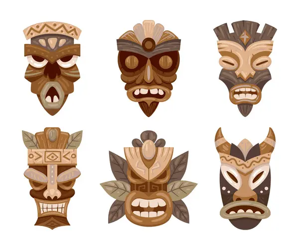Masques Tiki Bois Masques Rituels Tribaux Bande Dessinée Ensemble Illustrations — Image vectorielle