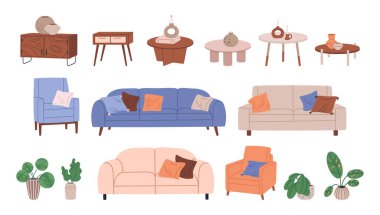 Mobilya takımı. Ev dekorasyonu, kanepe, koltuk, kanepe ve sehpa. Ev yapımı iç mekan elementleri düz vektör çizim seti. Rahat oturma odası koleksiyonu