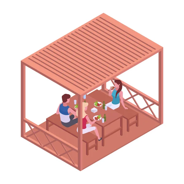 Isometric People Sitting Garden Gazebo Man Woman Having Dinner Backyard — Stock Vector
