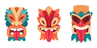 Çizgi film ahşap tiki maskeleri. Etnik kabile ayin maskeleri, törensel tiki totem maskeleri. Diliyle düz vektör çizimi yapan Afrikalı ya da Hawai putları