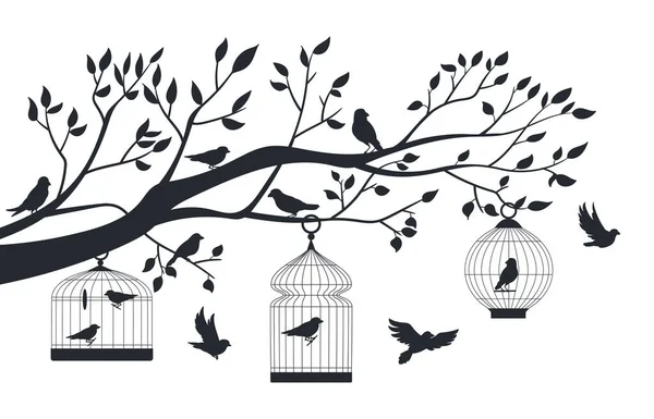 Bird cage on tree. Exotic birds in in metal cages silhouettes, decorative birds, finch, budgie and parrot in tree cage flat vector illustration. Bird cage hanging on tree