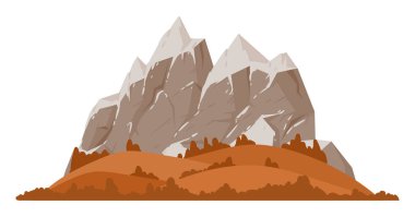 Çizgi film dağı. Doğa manzarası dağ silueti, kayalık aralık ve tepe, doğa yürüyüşü düz vektör çizimi. Vahşi doğa manzarası