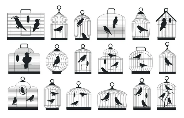 Vogelkäfige Silhouetten Hausvögel Sitzen Metallkäfigen Silhouette Kakadu Fink Kanarienvogel Und — Stockvektor