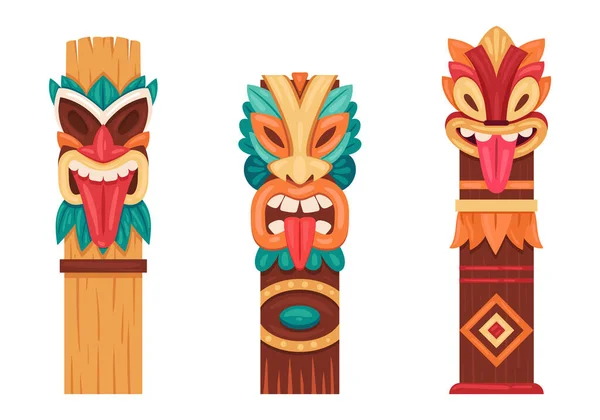 Statues Autochtones Bois Totems Pôle Tiki Rituels Hawaïens Africains Sculptures — Image vectorielle