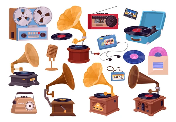 Reproductores Música Retro Dibujos Animados Dispositivos Audio Vintage Reproductor Vinilo — Archivo Imágenes Vectoriales