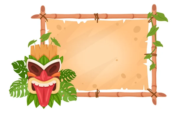 Cartoon Tiki Totem Cadre Panneau Bambou Avec Masque Aborigène Hawaïen — Image vectorielle