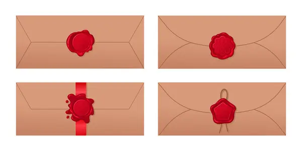 Balmumu Mühürlü Zarflar Retro Posta Mektupları Kırmızı Mühür Düz Vektör — Stok Vektör