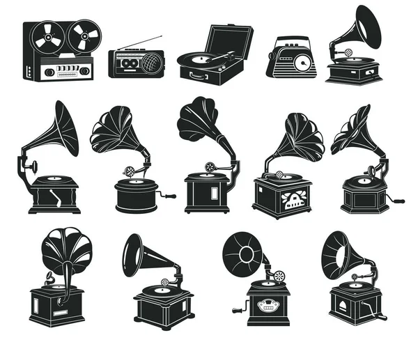 Retro Music Players Silhouettes Old School Audio Devices Black Ink — Stock Vector