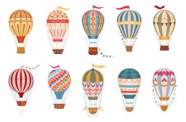 Klasik sıcak hava balonları. Çizgi film uçan sıcak hava balonları çelenkler ve düz vektör çizimleri ile süslenmiş. Retro hava nakil koleksiyonu
