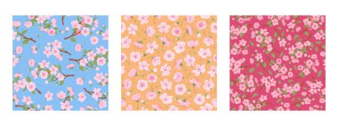Asya kiraz çiçeği desenleri. Çiçeklenen sakura pürüzsüz desenler, bahar kirazı sonsuz dizayn düz vektör arkaplan illüstrasyonunu azaltır. Sakura çiçek desenleri koleksiyonu