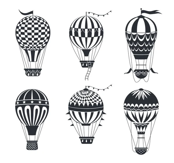 Vintage hot air balloons silhouettes. Flying retro aircrafts, hot air balloons flat vector illustration set. Romantic transportation silhouettes