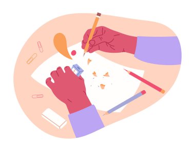 Eller kalemi keskinleştirir. İnsanların not alması ya da belgeleri imzalaması, kağıt konsepti düz vektör çizimi. Elle tutulan kalem beyaz üzerine