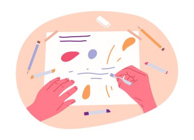 El çiziyorum. Boya kalemli insan eli, çizim için renkli pastel boyalı insan eli. Beyaz arkaplanda düz vektör illüstrasyonu