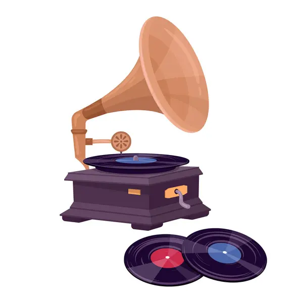 Gramophone Vinyl Records Antique Music Device Retro Gramophone Player Listening — Stock Vector
