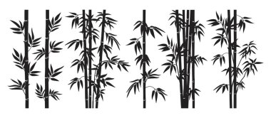 Bambu ormanı sapları. Orman bambu sapları, yapraklı bambu dalları, dekoratif bambu düz vektör çizim seti. Siyah mürekkep ağaçları