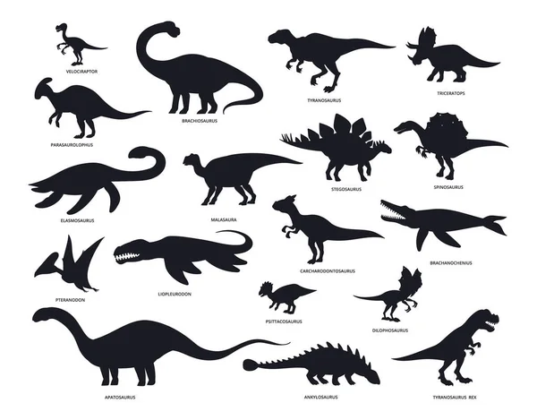 Siluetas Dinosaurios Antiguos Reptiles Jurásicos Estegosaurios Tinta Negra Brontosaurios Siluetas — Vector de stock