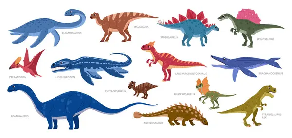 Juego Dino Dibujos Animados Jurásico Era Reptiles Brontosaurios Triceratops Pterodáctilos — Vector de stock