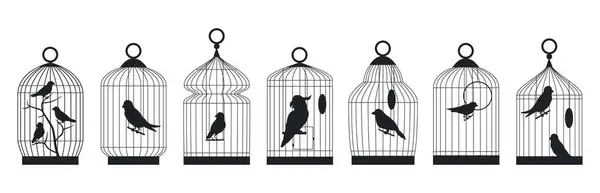 Métal Oiseaux Cages Silhouettes Cages Oiseaux Avec Oiseaux Domestiques Pinsons — Image vectorielle