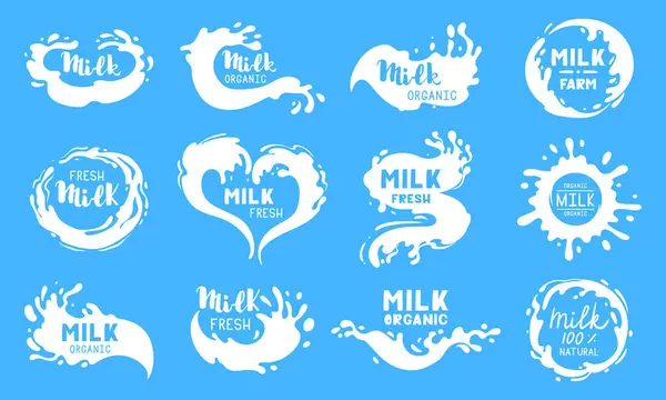 Etykiety Plamy Mleka Kreskówka Krowa Lub Kozie Mleko Przepływa Logo — Wektor stockowy