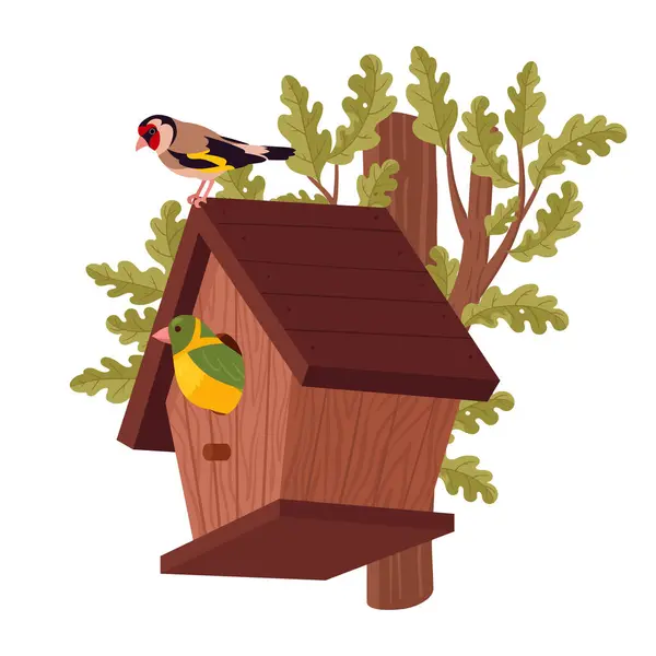Дом Птиц Ручной Работы Птичий Домик Дубе Милые Мультяшные Птицы — стоковый вектор
