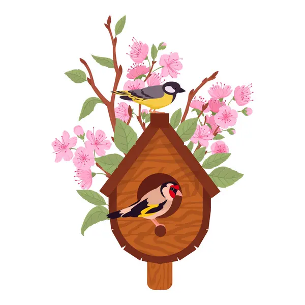 Деревянный Птичий Дом Карикатурный Домик Птиц Кормушками Симпатичные Птичьи Гнезда — стоковый вектор
