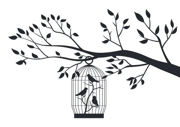 木の上にぶら下がっている鳥の檻 木のケージの装飾的な鳥 金属のケージの鳥のシルエットの平らなベクターのイラスト 木の枝に掛かっている鳥のケージ — ストックベクタ
