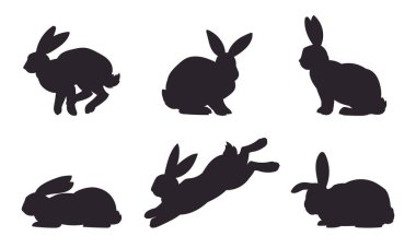 Tavşan siluetleri. Paskalya baharı monokrom tavşanları, kulaklı Paskalya tavşanları düz vektör çizimi seti. Tatlı tatil tavşanları siluet koleksiyonu
