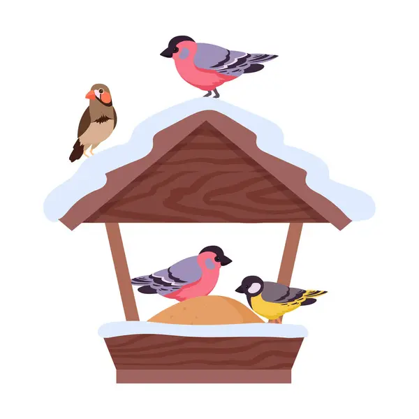 Çizgi Film Kuşları Besleyiciyle Yuva Yapar Tahta Kuş Evi Ağaç — Stok Vektör