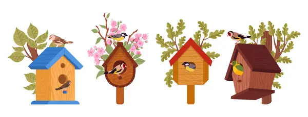 Maisons Oiseaux Bois Maison Oiseaux Printemps Artisanale Sur Arbre Nids — Image vectorielle
