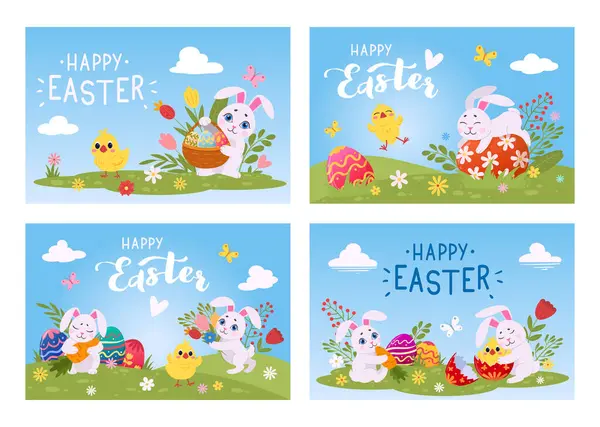 Easter Eggs Hunting Cards Traditional Spring Festival Posters Cute Easter — Stock Vector