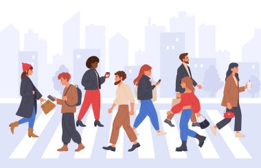 Pedestrians on crosswalk. Diverse people crossing road, male and female characters walking down the street flat vector illustration set. Passersby walking collection clipart