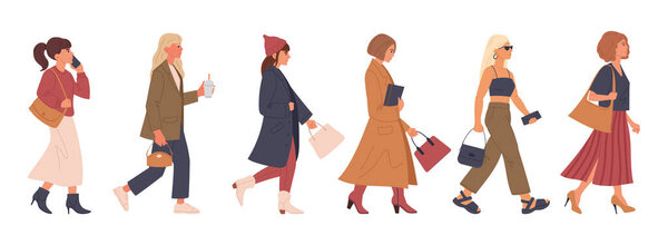 Walking women. Female characters going shopping, office or walking, pedestrians walk, girls walk together flat vector illustration set. Women diverse group on walk