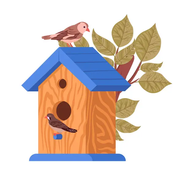Kreslený Ptáci Hnízdí Dřevěná Ručně Vyrobená Ptačí Budka Ptačí Budka — Stockový vektor