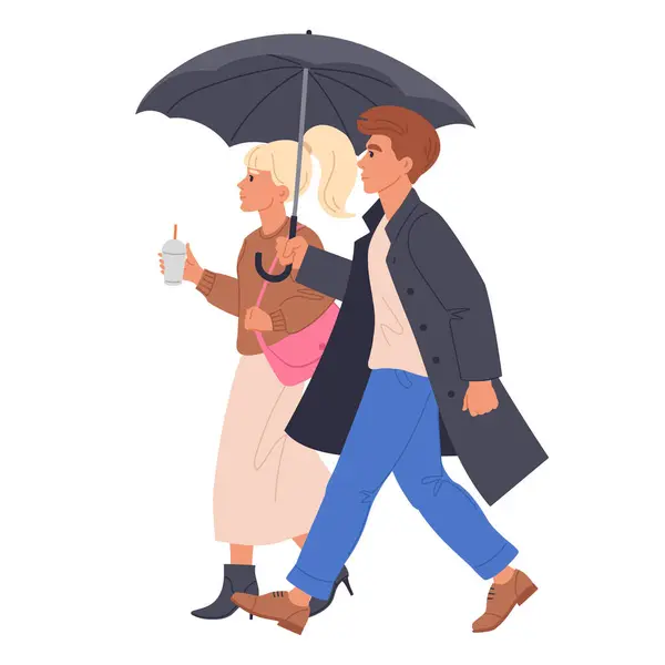 Couple Umbrella Man Woman Walking Rain Male Female Characters Holding — Stock Vector