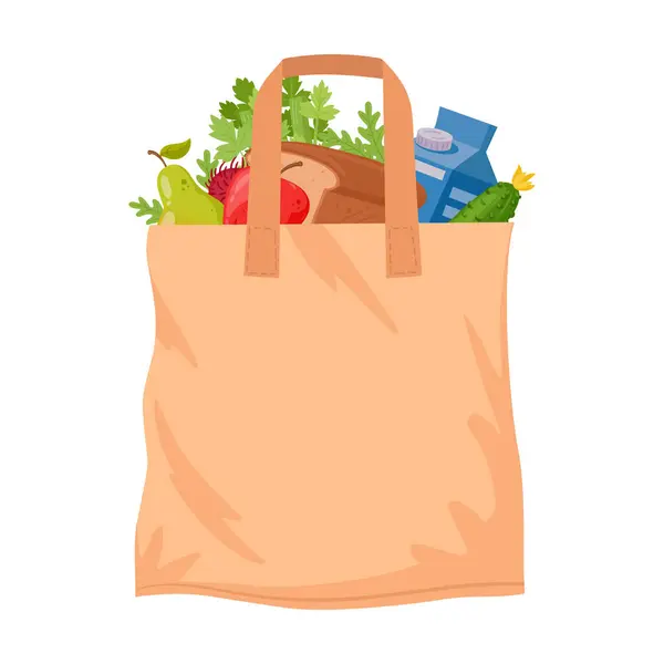 エコグッズバッグ 再利用可能なショッピング バッグ 食料品のフラット ベクターのイラストが付いている無駄袋 ゼロ無駄な織物のショッピングバッグ — ストックベクタ