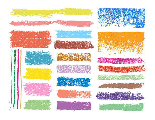 Цветные меловые мелки текстуры. Детские карандашные штрихи, пастельные цвета грубый уголь, детский рисунок мелка элементами плоского векторного набора иллюстраций. Яркие штрихи мелом