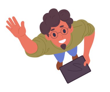 Erkek karakter elini sallıyor. Yukarıya bakan adam, yukarıdan bakan kişi, yukarıdan bakan adam gökyüzü düz vektör çiziminde bir şeyi hayrete düşürüyor. Adam dik dik bakıp elini sallıyor.