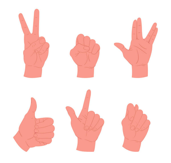 Жест руками. Мультфильм человеческая ладонь, большой палец вверх, ладно, и мир показывает плоский векторный набор иллюстраций. Коллекция рук людей