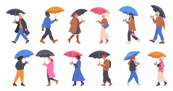 Gente Caminando Bajo Paraguas Personajes Bajo Lluvia Con Sombrillas Temporada — Archivo Imágenes Vectoriales