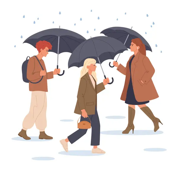 傘の下を歩いている女性と男性 傘の下を歩く人々 雨季は平らなベクターのイラストを歩いています 雨の下のキャラクターと傘 — ストックベクタ