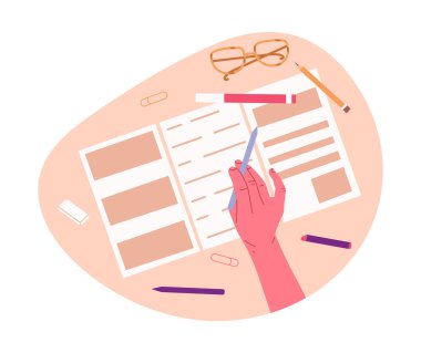 El ele tutuşan kalem. Düz vektör çizimleri yazmak, yazmak veya not almak. Dişi el dolgu kağıdı